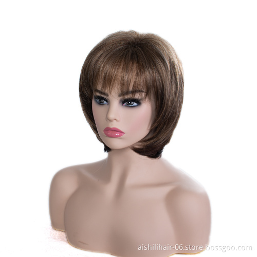 Wholesale good quality cheap air bangs full head wig short straight brown bob natarul style synthetic hair wigs for women